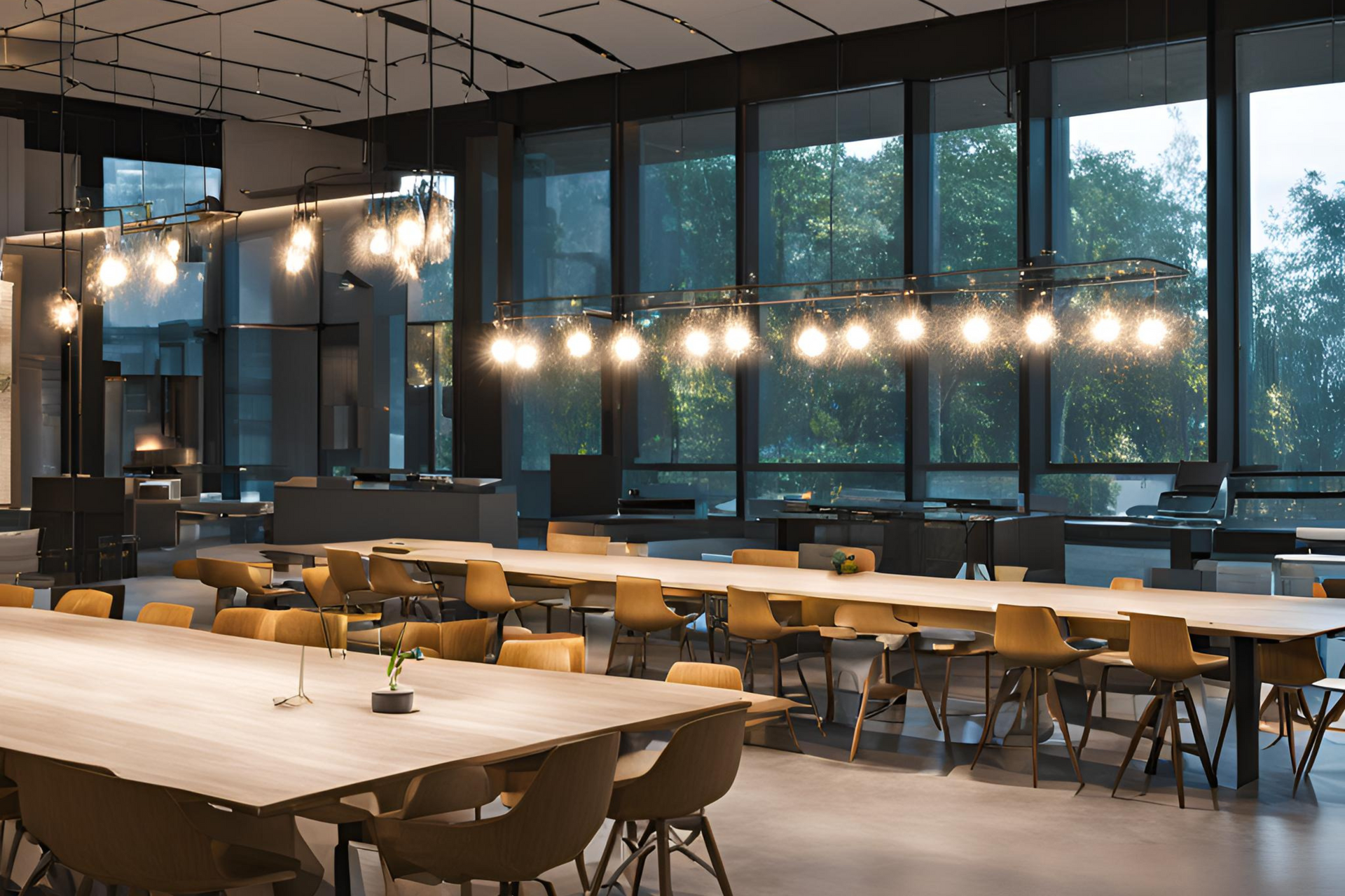 A large room with a lot of tables and chairs lights illuminating.