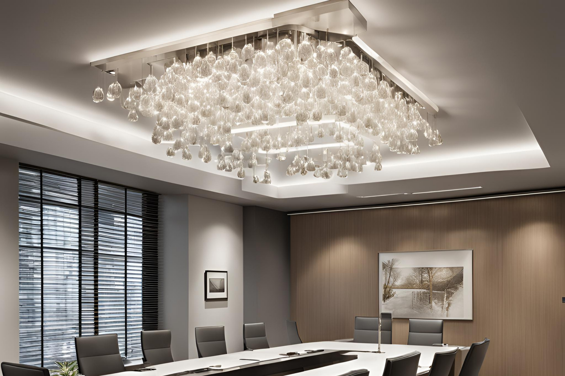 A conference room with a long table and chairs and a large chandelier hanging from the ceiling.