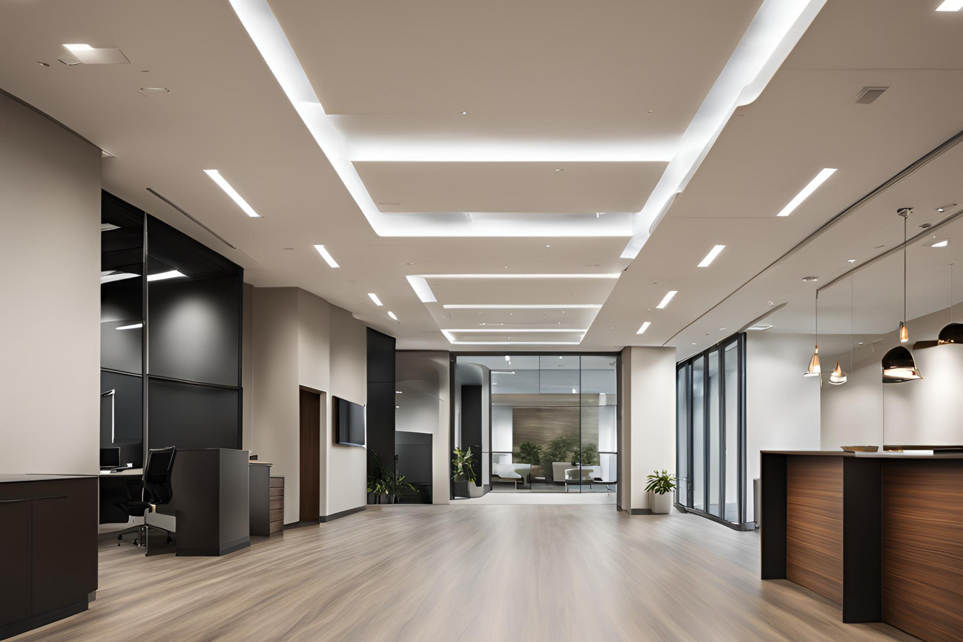 A large empty room with a wooden floor and a ceiling that is very high. showcasing lighting. 
