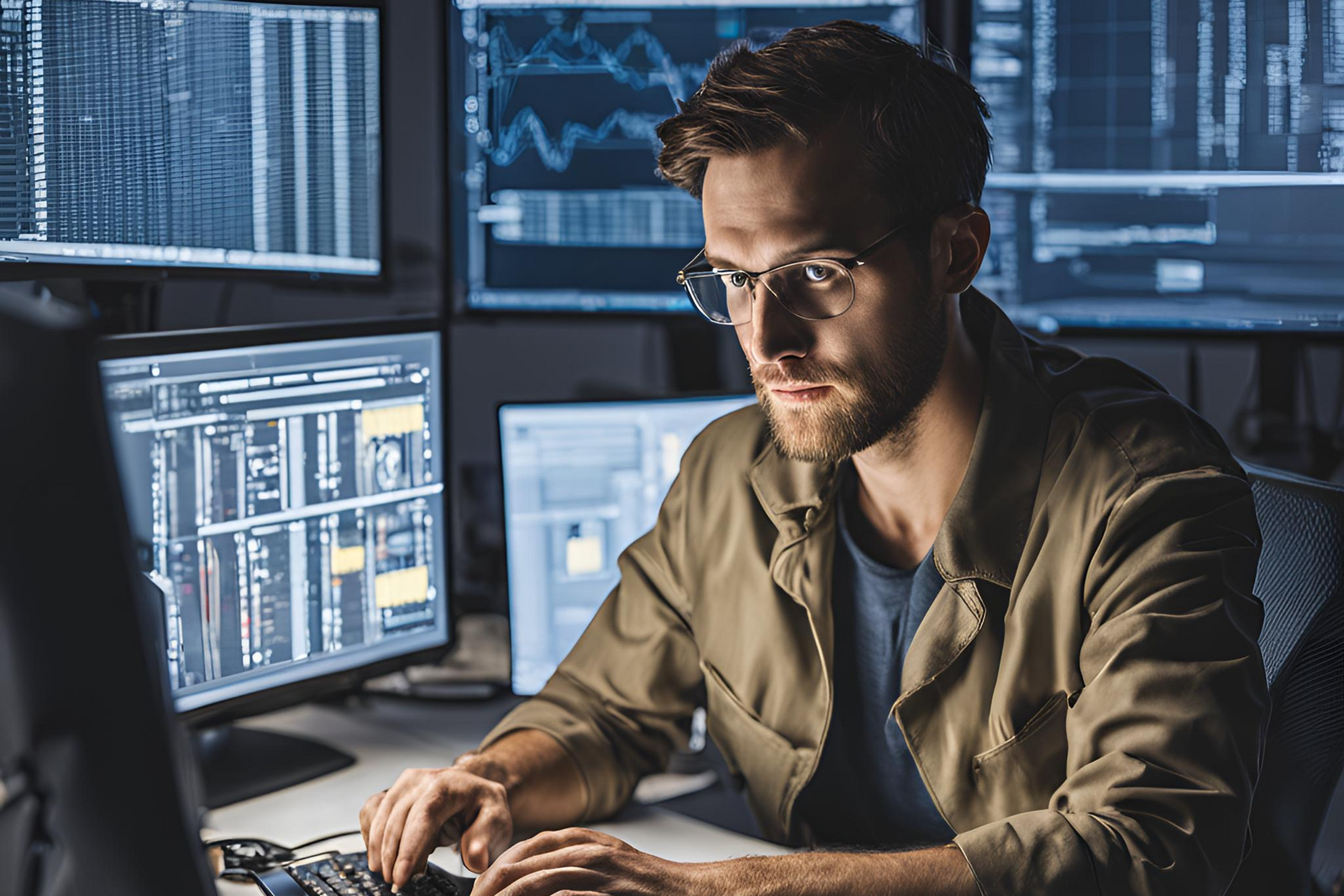 A man is sitting at a desk in front of a computer monitor programming.