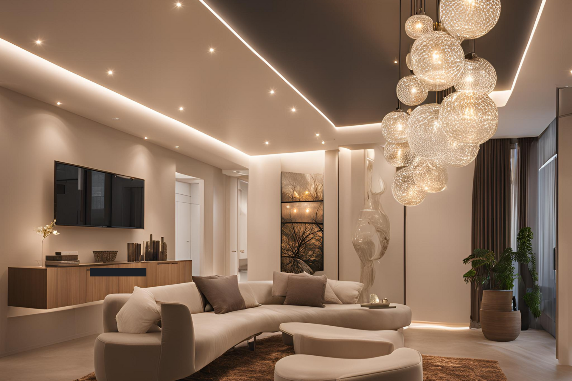 A living room with a couch and a chandelier hanging from the ceiling.