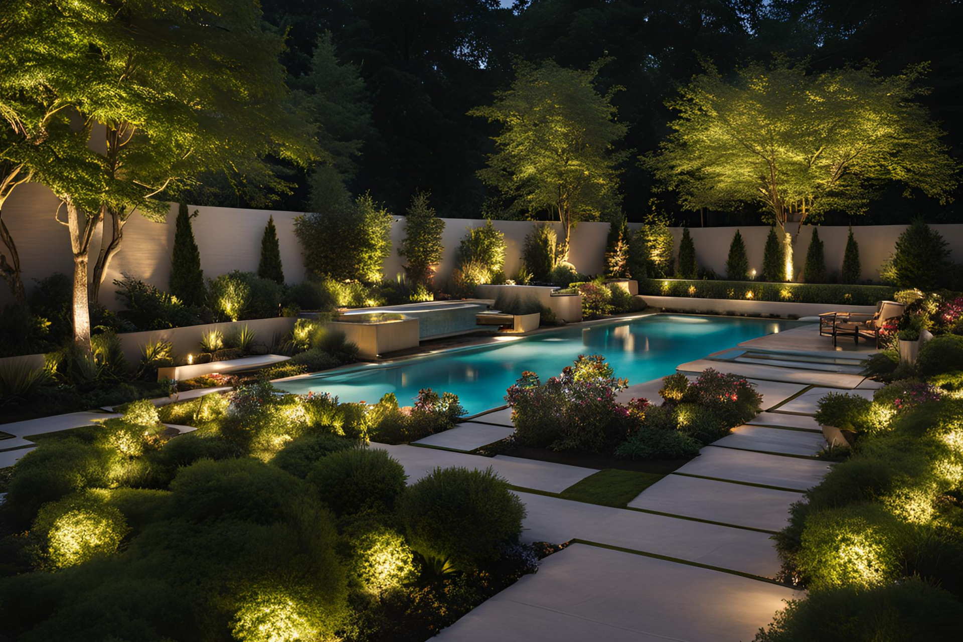 A large swimming pool is lit up at night in a backyard