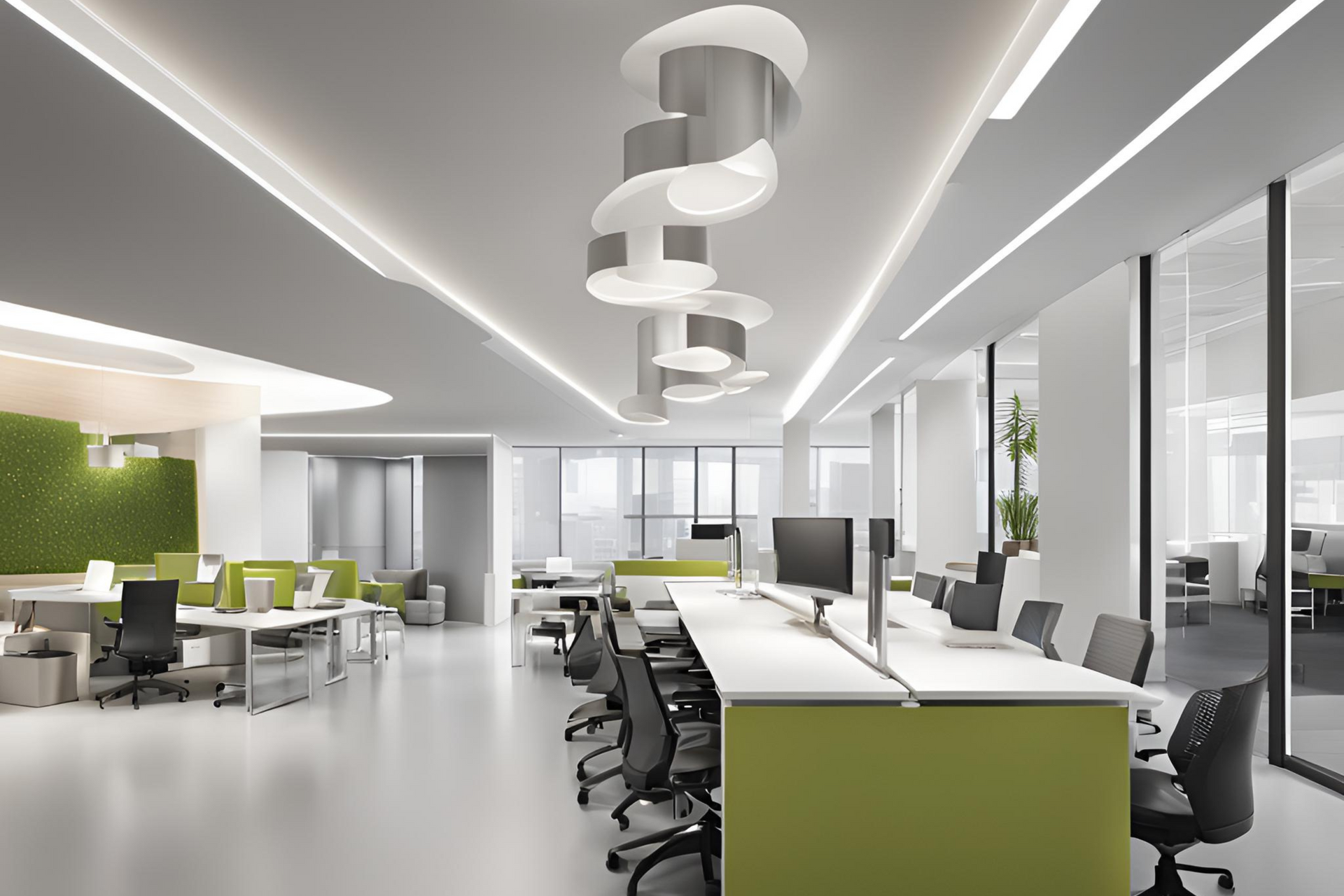 A large office with a lot of desks and chairs with modern obtuse Chandelier hanging in workplace. 