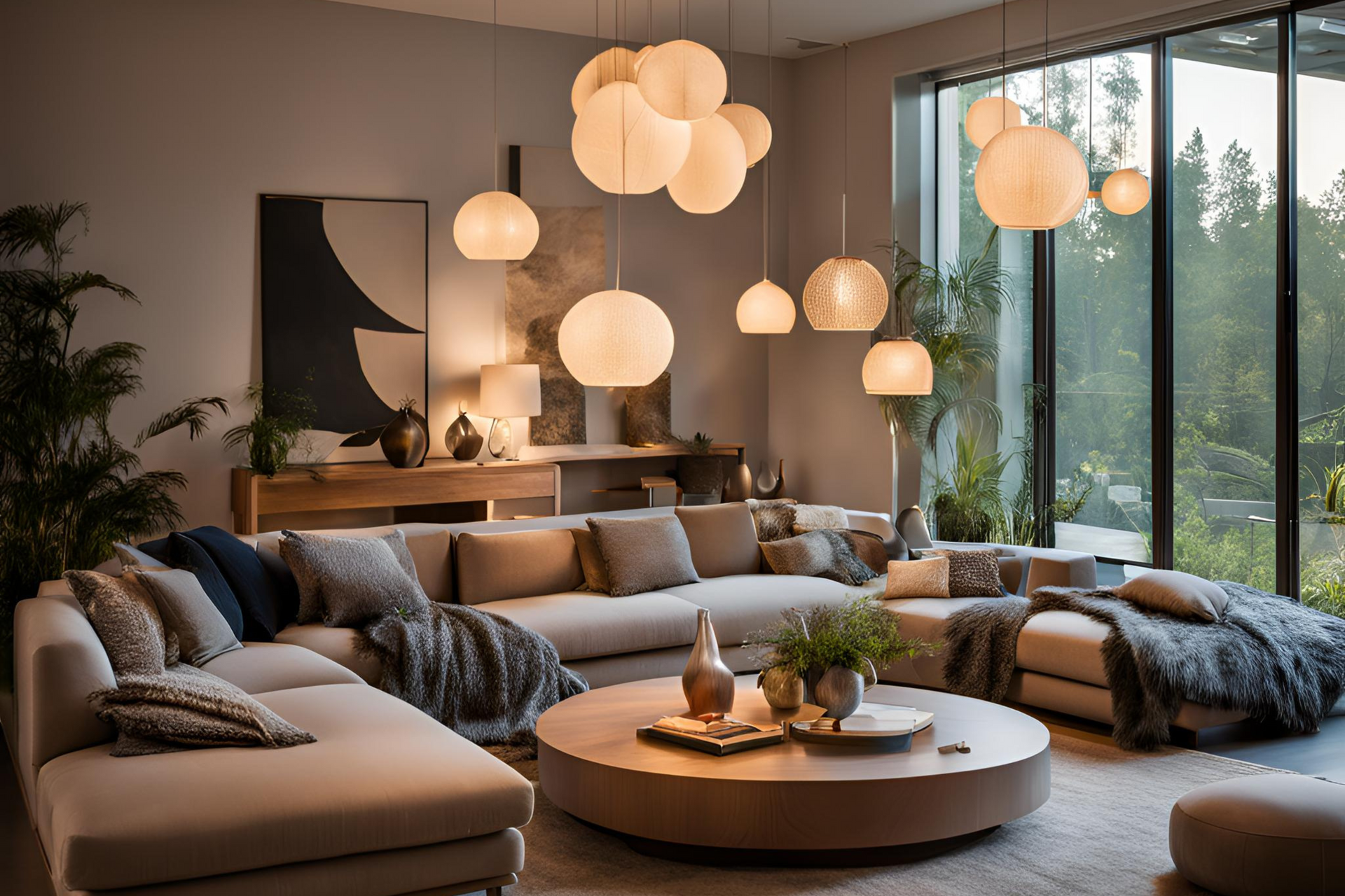 A living room with a large couch and a round coffee table.