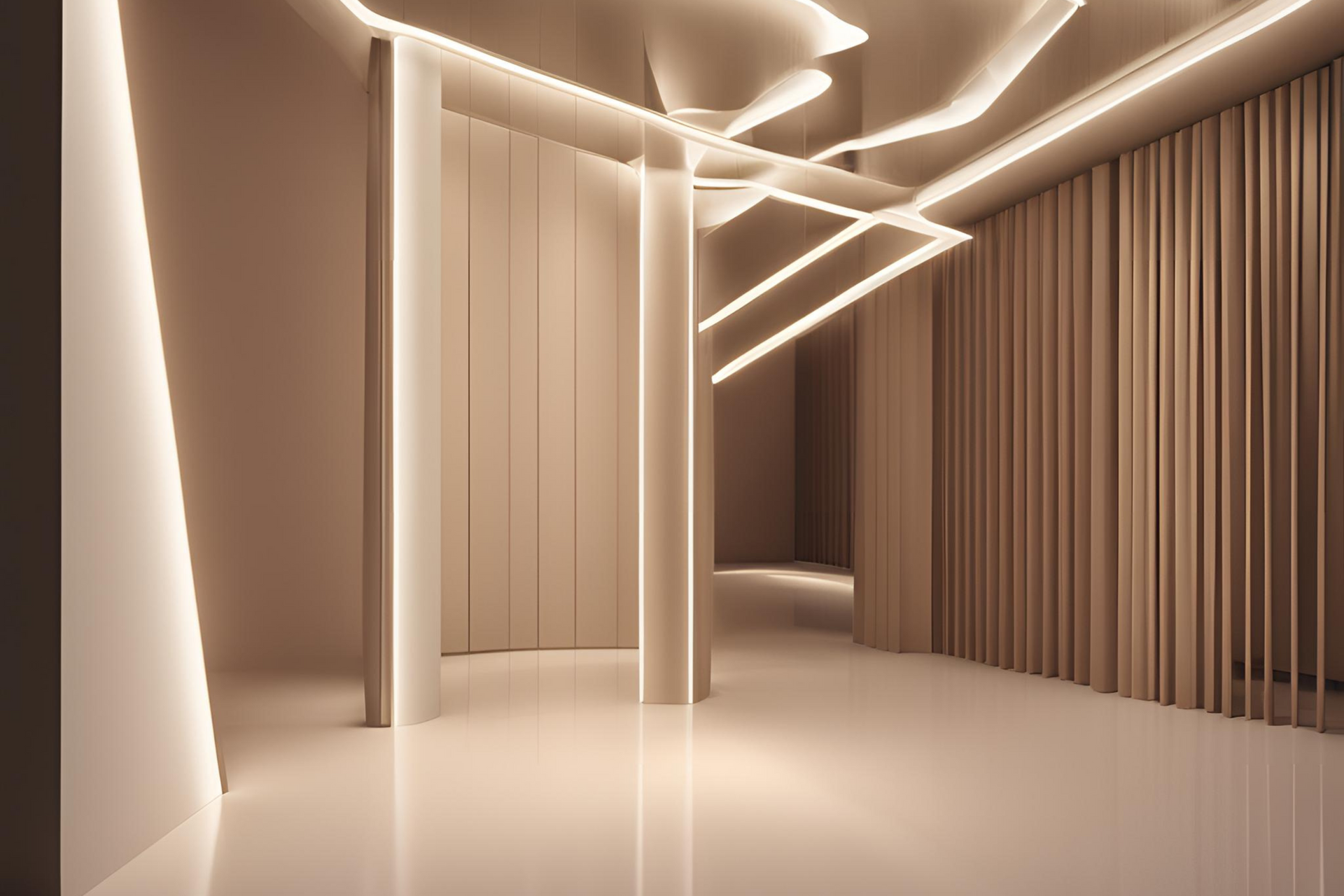A 3d rendering of an empty hallway with lights on the ceiling.