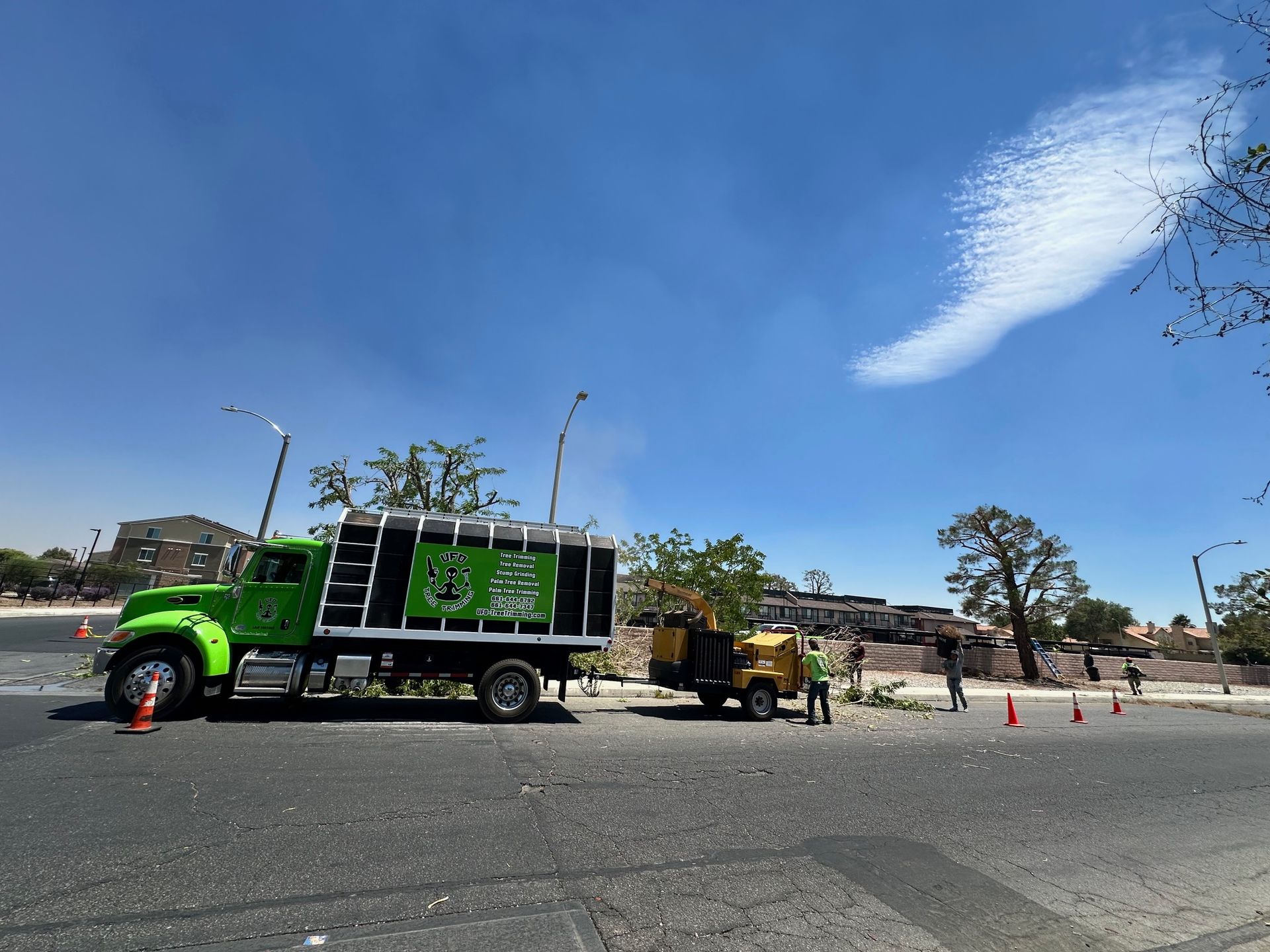 A green work truck and chipper are parked in a street with workers trimming trees under a blue sky.