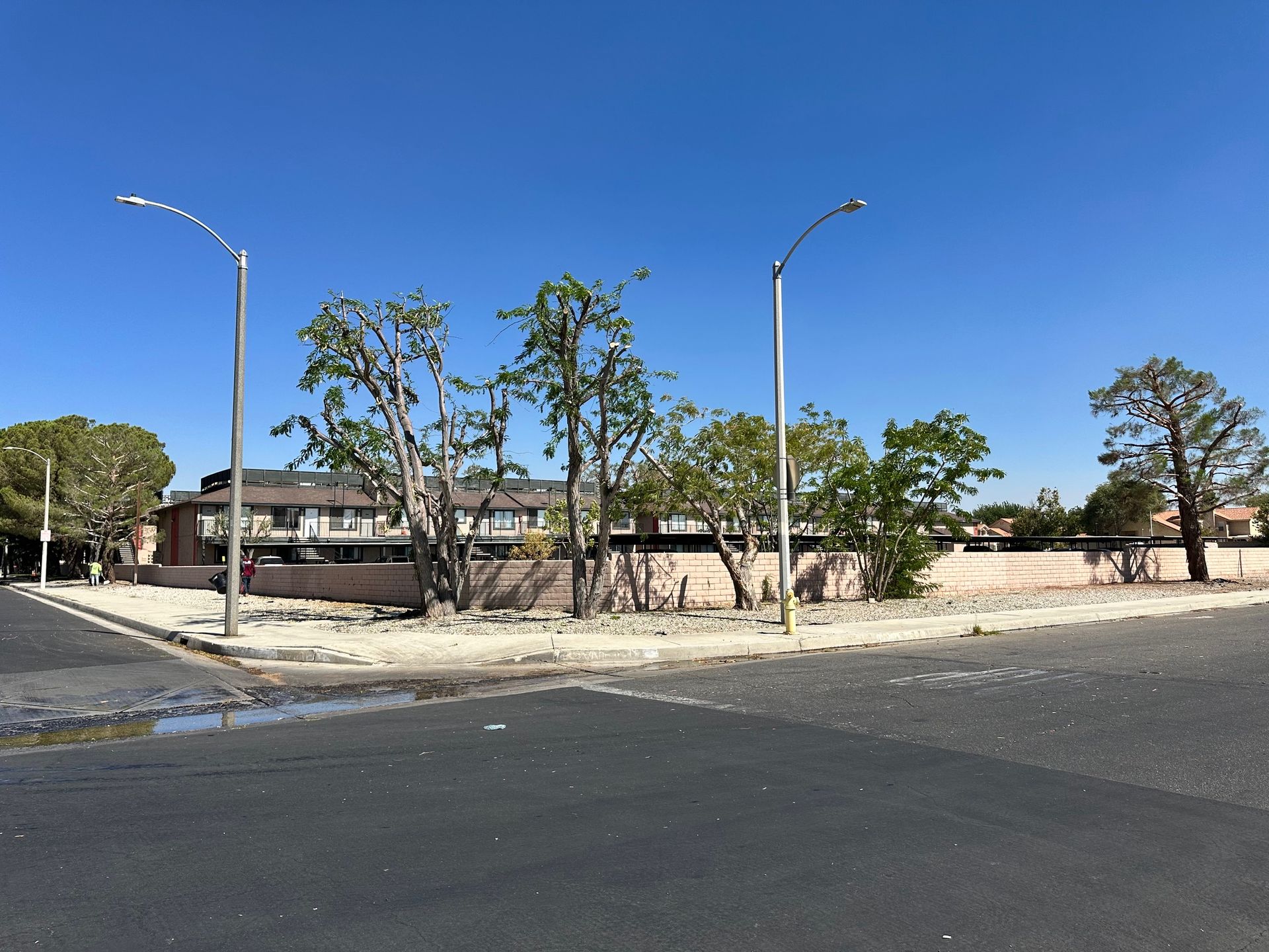 Intersection with a bare lot and trimmed trees in front of an apartment building, under a clear blue sky.