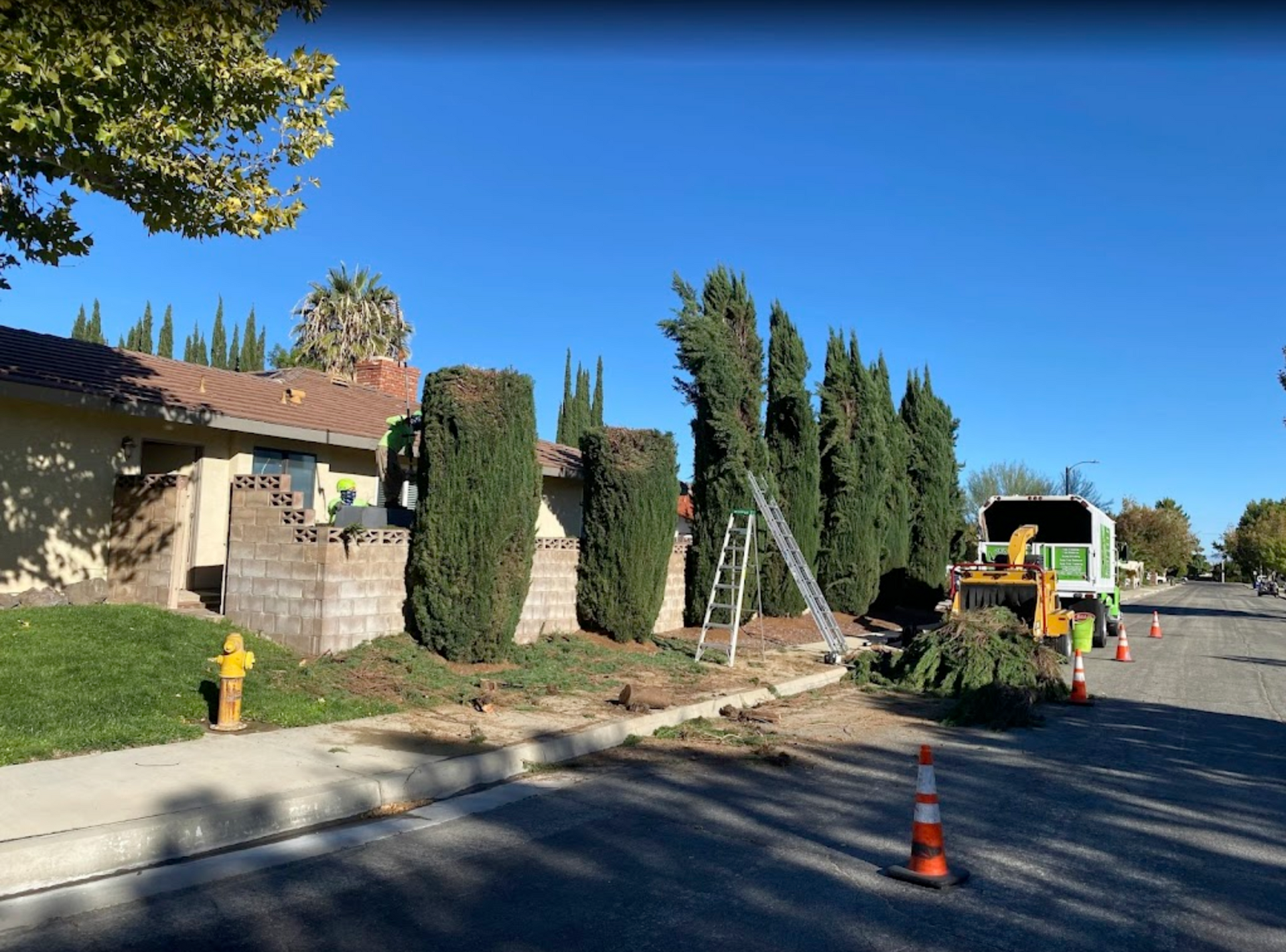 Residential street with a yellow utility truck, ladder, and orange cones beside a house and trimmed hedges
