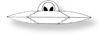 A black and white drawing of an ufo with an alien face on it.