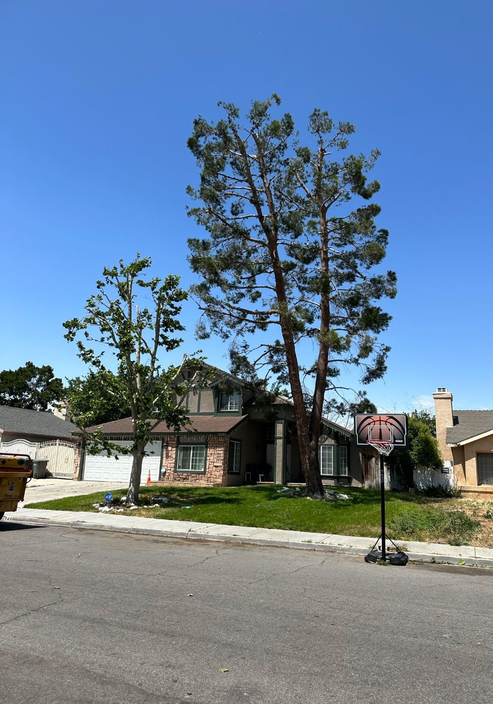 A basketball hoop in front of a house in a residential area