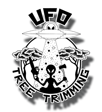 A black and white logo for ufo tree trimming