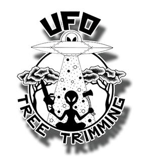 A black and white logo for ufo tree trimming