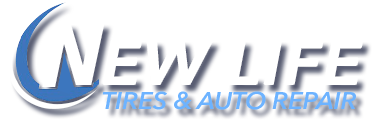 The logo for new life tires and auto repair is blue and white.