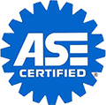 The ase certified logo is blue and white with a gear in the middle.