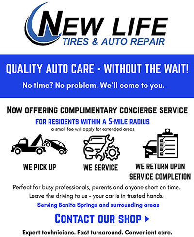 A poster for new life tires and auto repair offering complimentary concierge service for residents within a 5 mile radius.