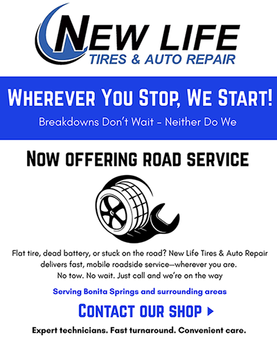 An advertisement for new life tires and auto repair