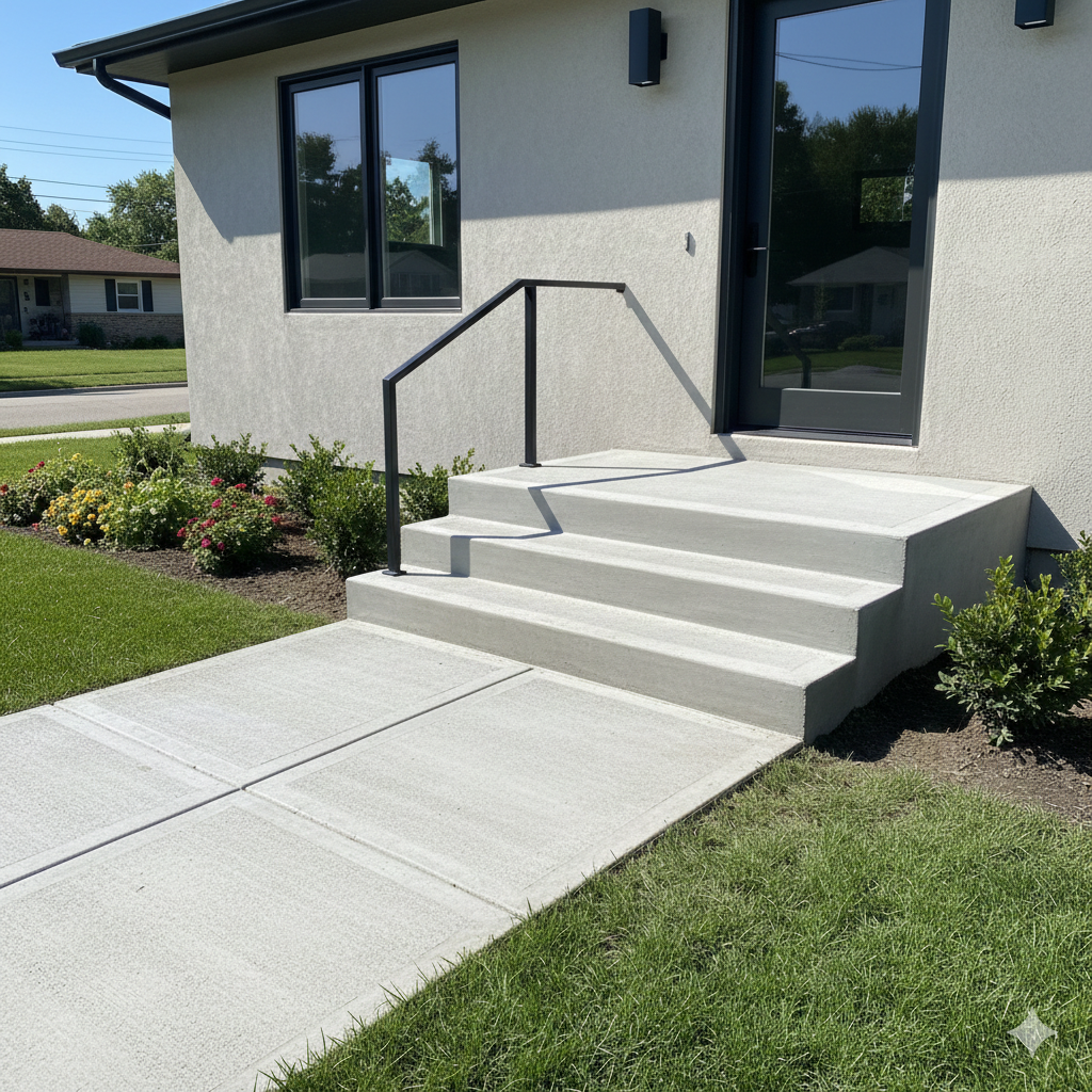 Gray concrete ramp and steps leading to a house entrance with black door and railing.