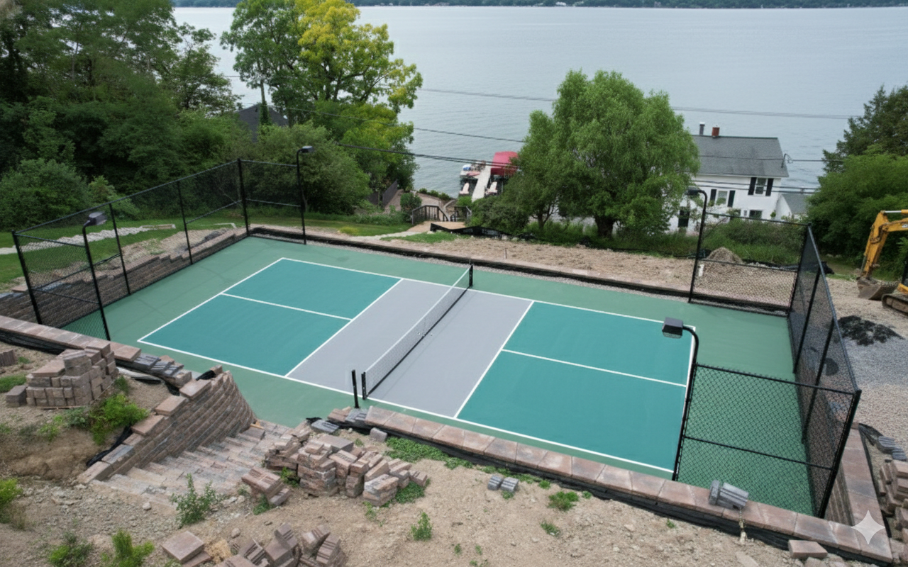 Pickleball court overlooking a body of water. Court is green and grey with net. Fenced perimeter.