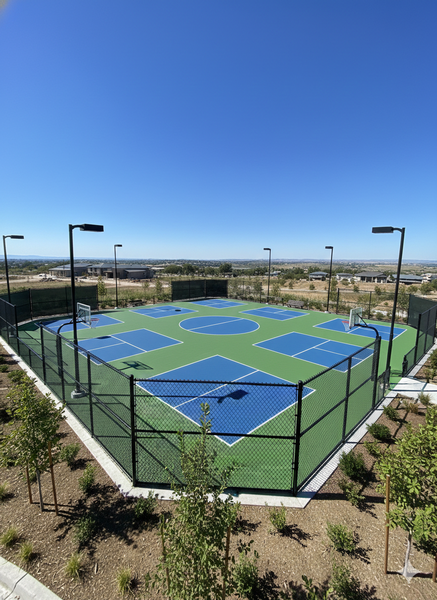 Outdoor multi-sport court with blue and green surfaces, enclosed by a fence, set against a blue sky.