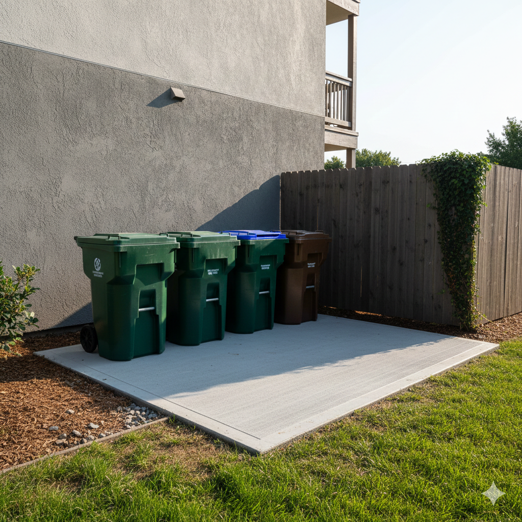 Green and brown trash bins on a concrete pad next to a building and wooden fence, with a grassy area.