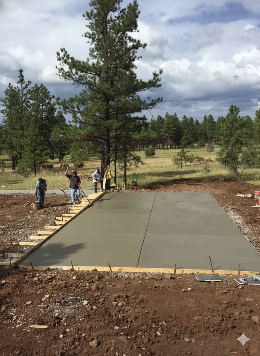 Construction workers leveling freshly poured concrete slab outdoors.