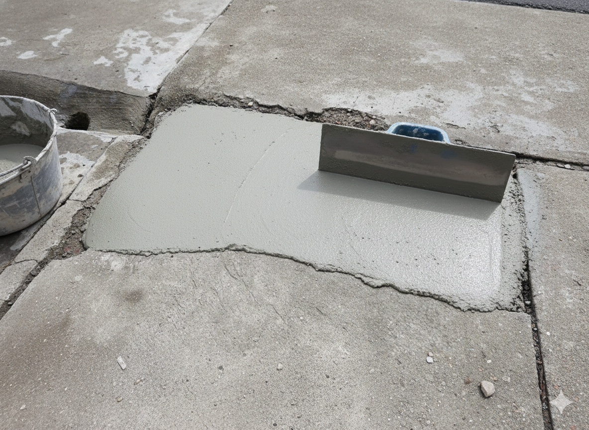 A trowel smoothing wet concrete patch on a cracked concrete slab. A bucket of concrete mix sits nearby.