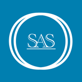A white sas logo on a blue background