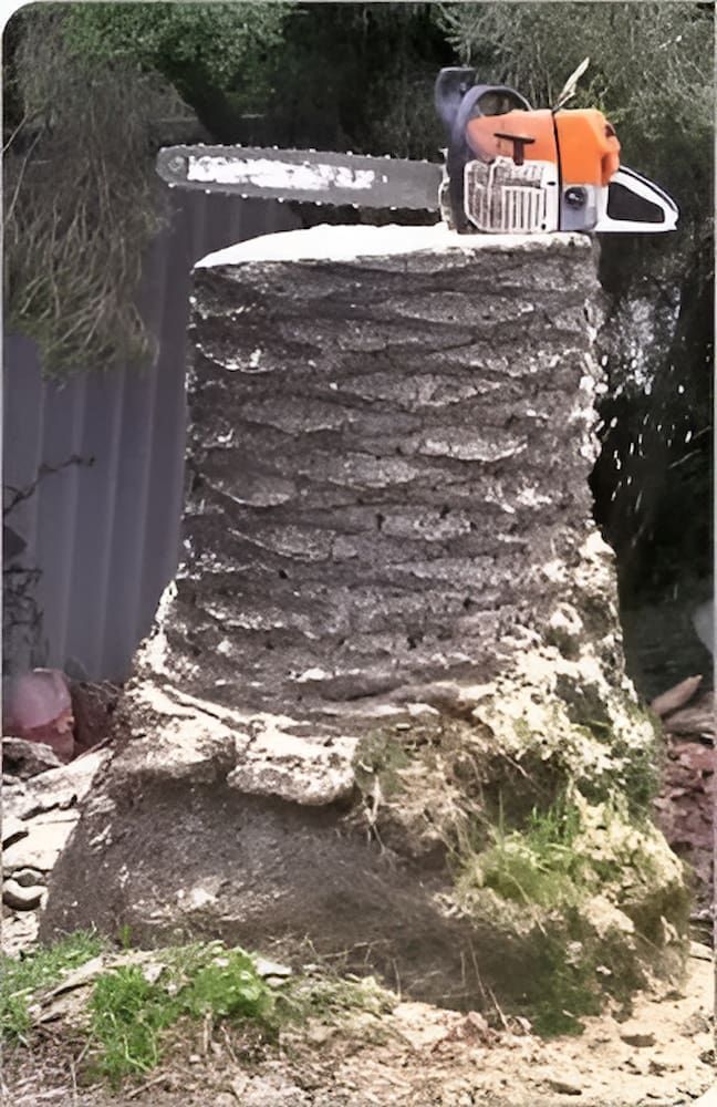 A Chainsaw Is Sitting On Top Of A Tree Stump — Alex's Vegetation in Port Macquarie, NSW