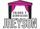 Logotipo de &ldquo;Toldos y Servicios Jheyson&rdquo; con un dosel rosa sobre texto en blanco y negro.