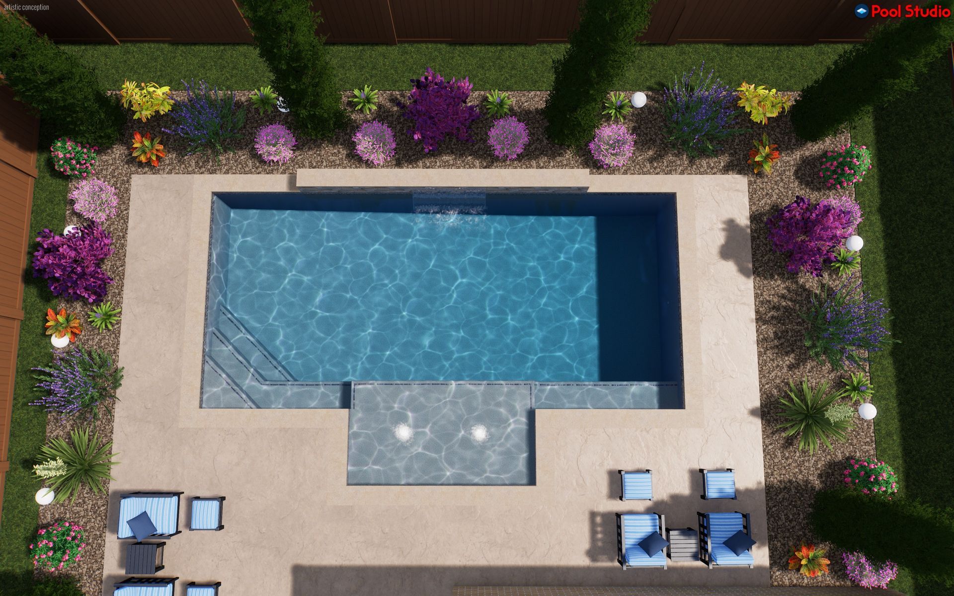 Aerial view of a backyard pool with lounge chairs, potted flowers, and a patio seating area.