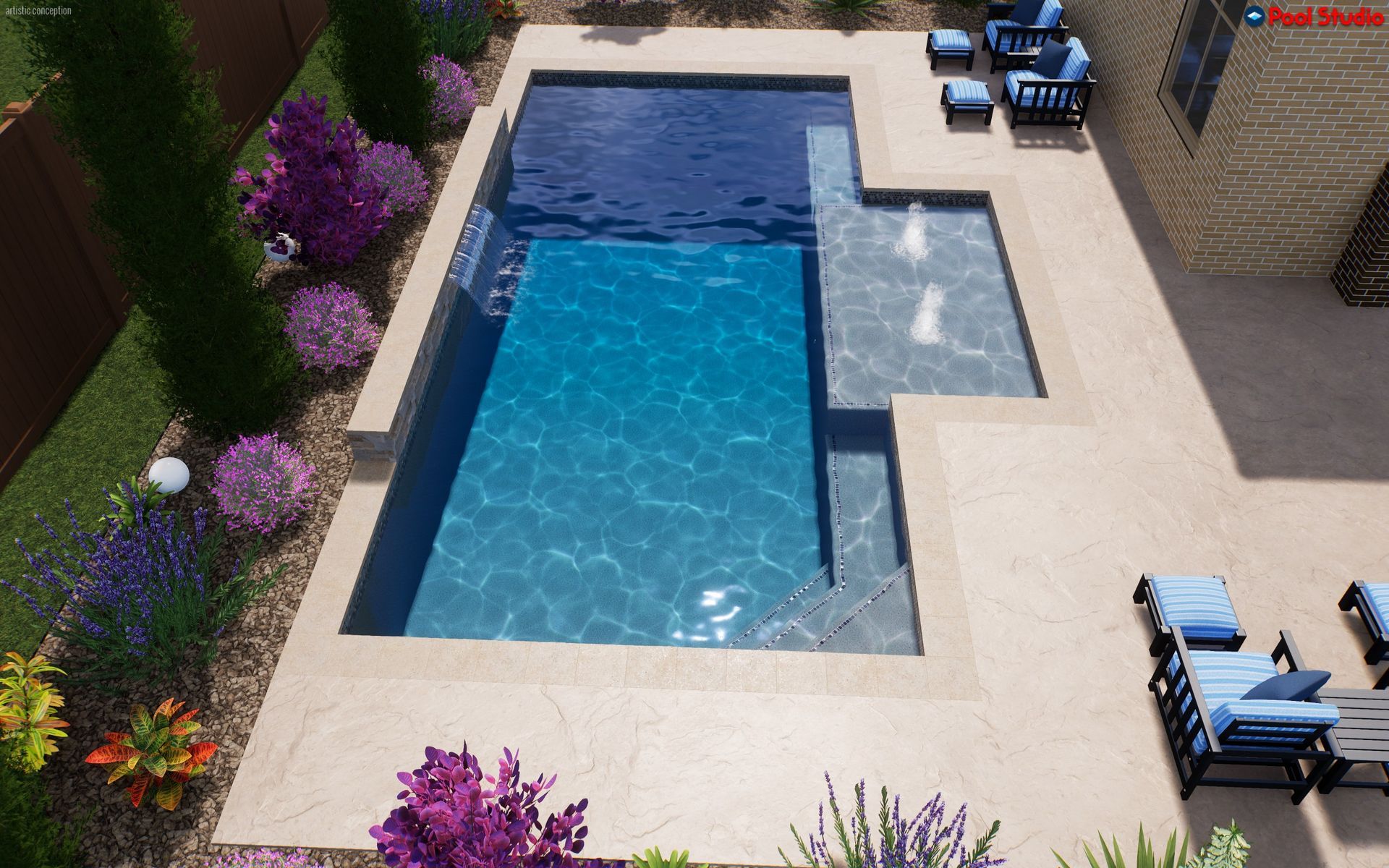 Overhead view of a blue swimming pool with lounge chairs on a beige patio and colorful flowers nearby