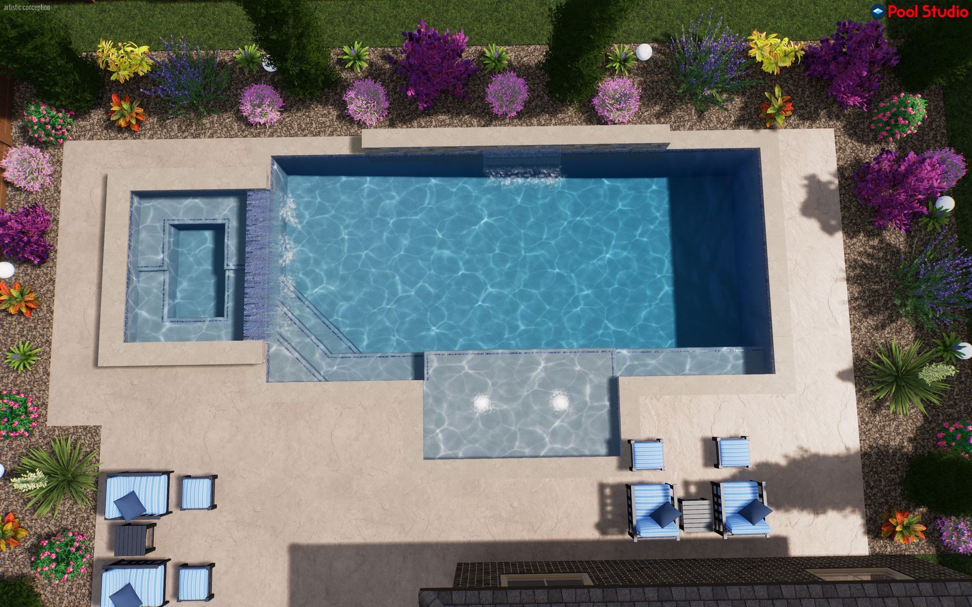 Aerial view of a backyard pool with hot tub, lounge chairs, and flowering landscaping around a stone deck