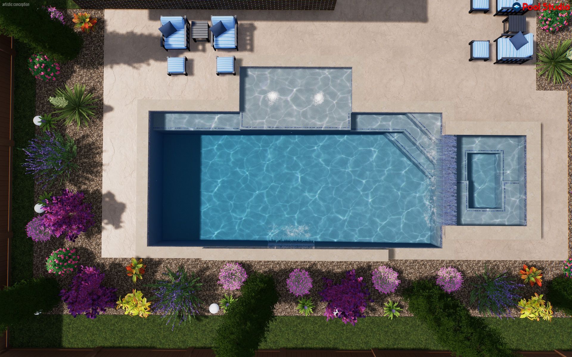 Overhead view of a backyard pool with lounge chairs, patio seating, and landscaping with flowers