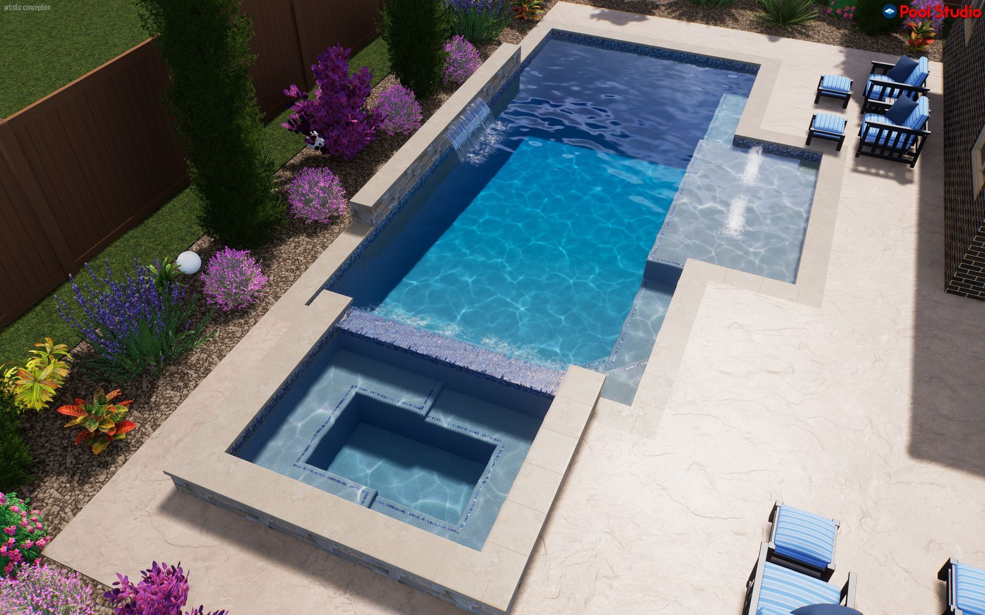Backyard patio with a rectangular swimming pool, hot tub, lounge chairs, and landscaped flower beds