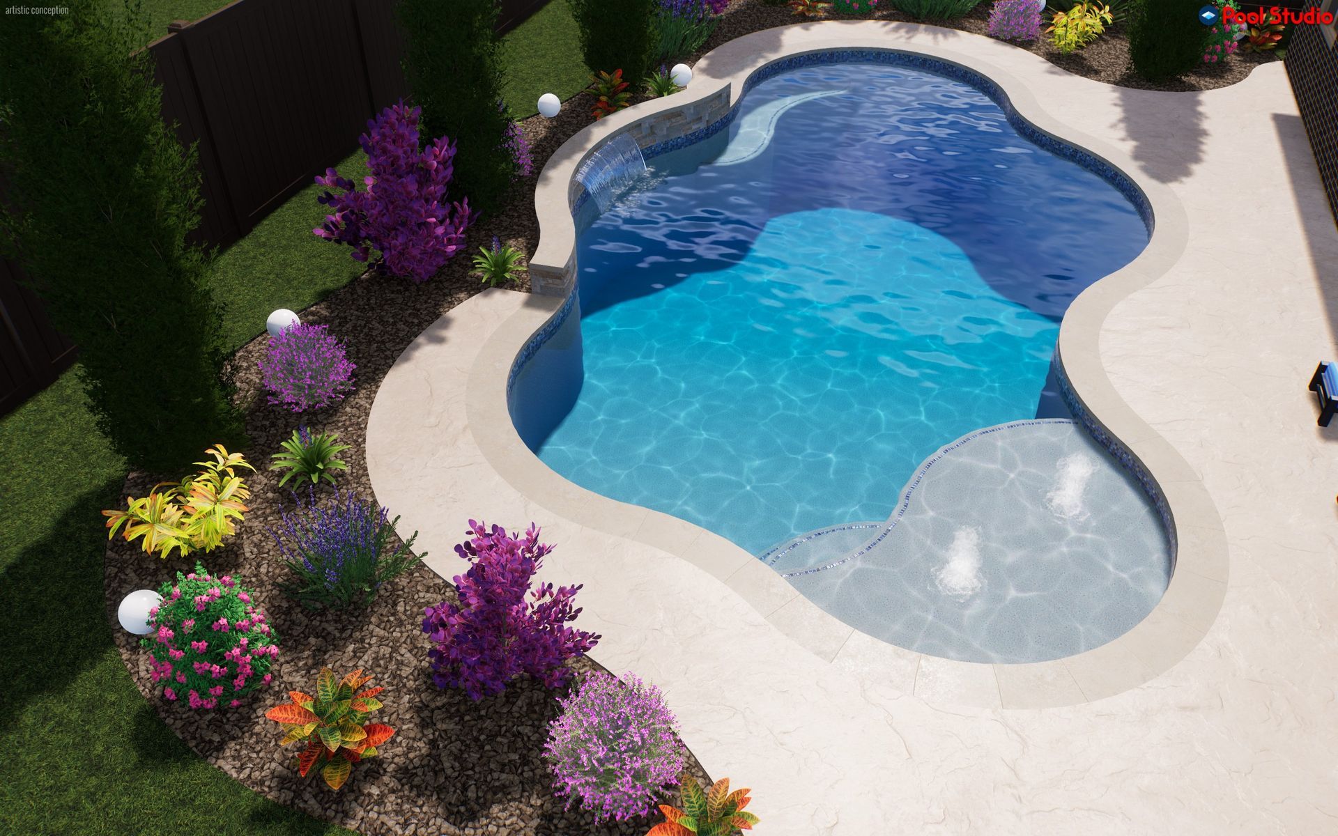 Aerial view of a kidney-shaped blue swimming pool surrounded by white patio and colorful flowers.