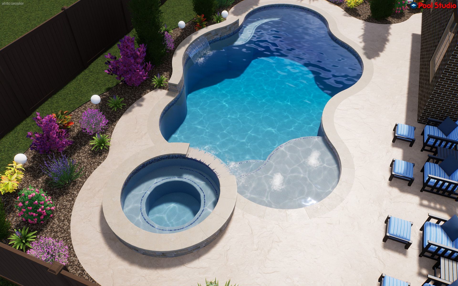 Backyard pool with a blue swimming area, attached hot tub, and lounge chairs on the patio.