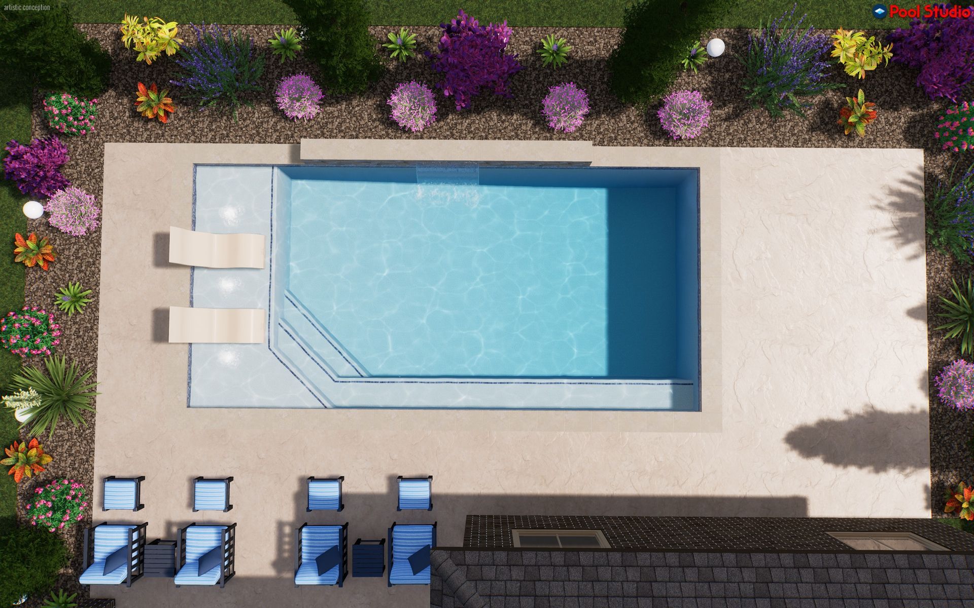 Overhead view of a rectangular swimming pool with lounge chairs on a sunlit patio and flowers around it