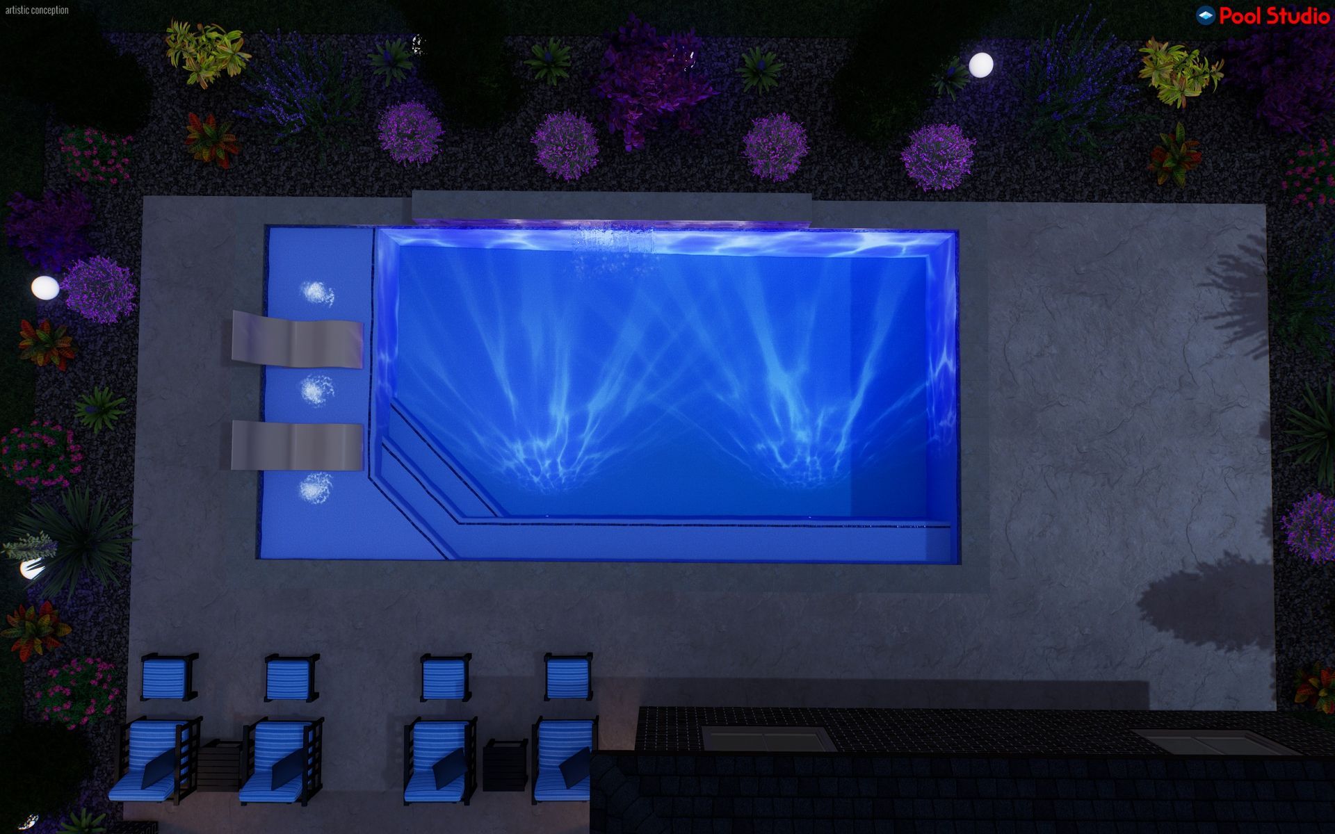 Blue-lit aquarium display on a wall, with rows of seats in a dark room
