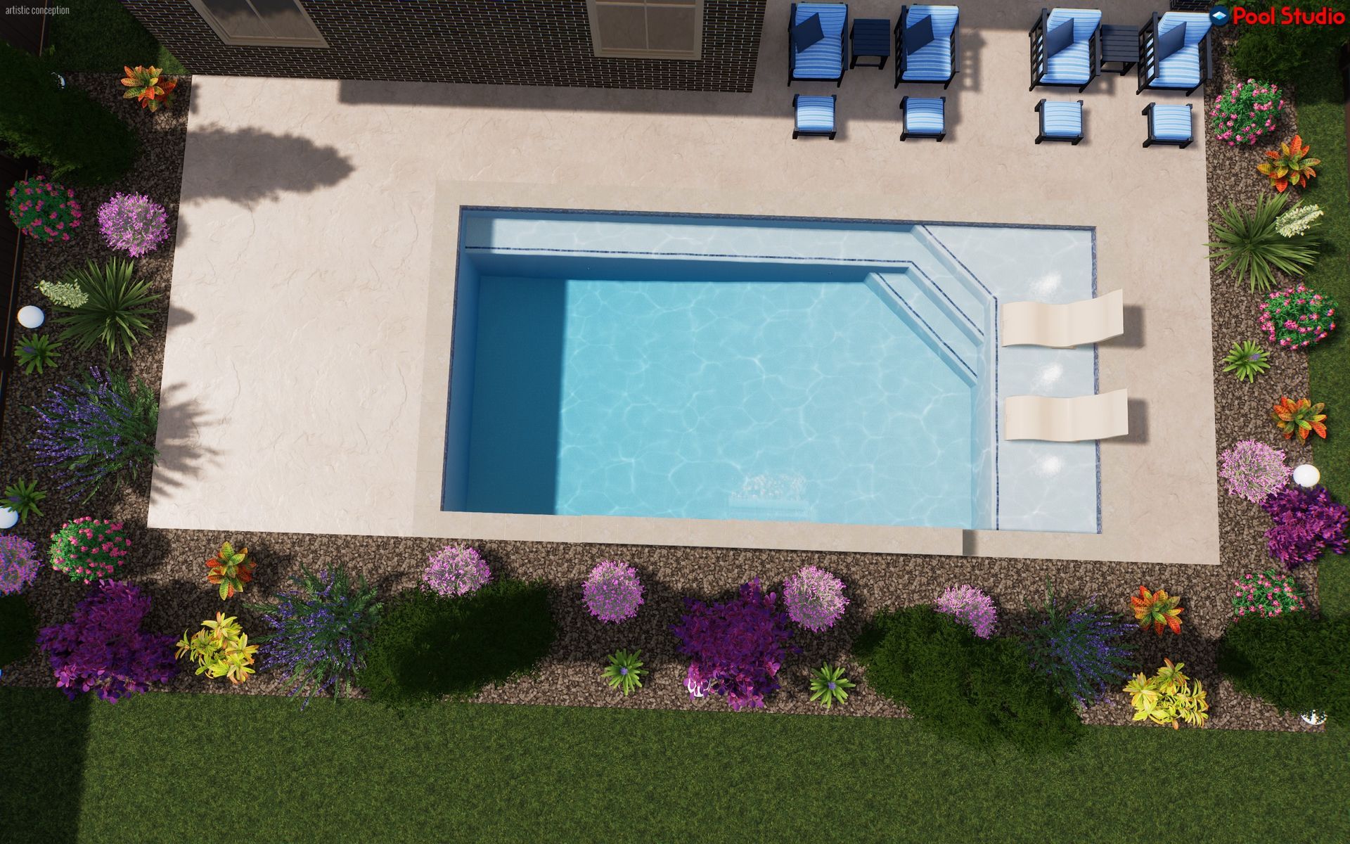 Backyard pool with blue water, lounge chairs, and colorful flower beds along the edge
