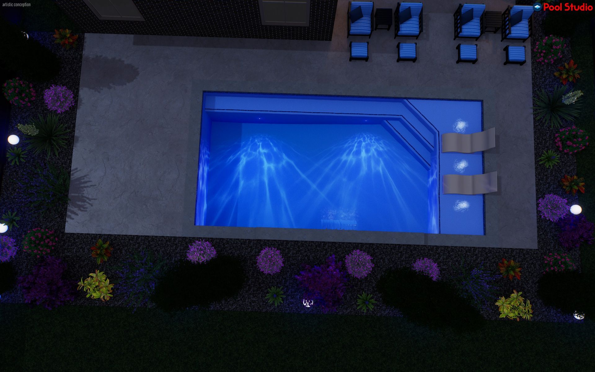 Overhead view of a lit rectangular swimming pool at night with steps and lounge chairs nearby
