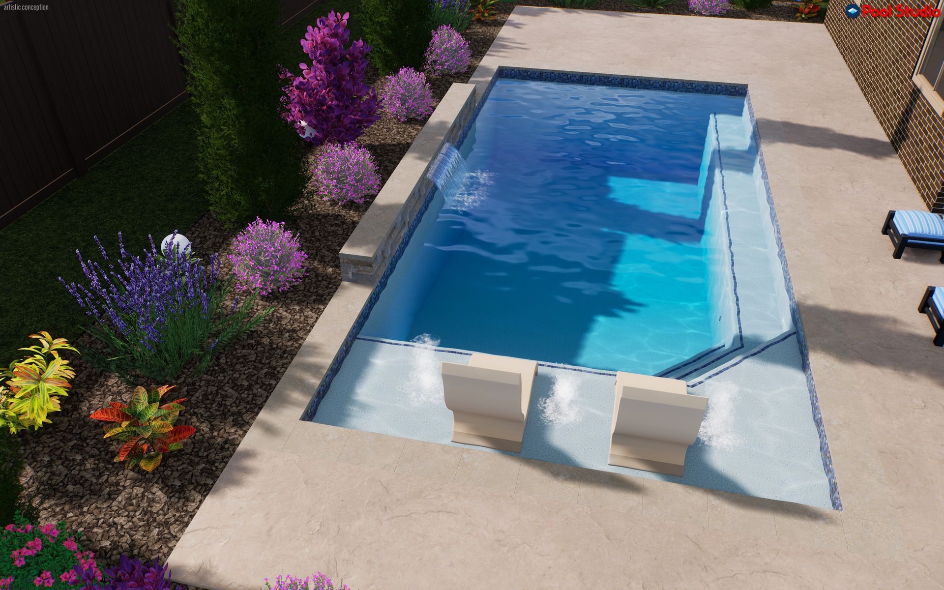 Backyard pool with blue water, tan deck, and colorful flowers along a hedge border