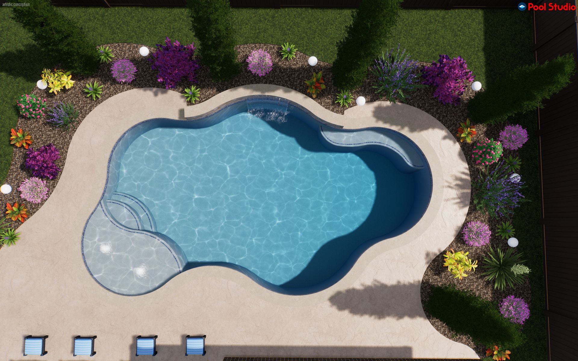 Aerial view of a backyard swimming pool with light blue water, stone deck, lounge chairs, and flower borders