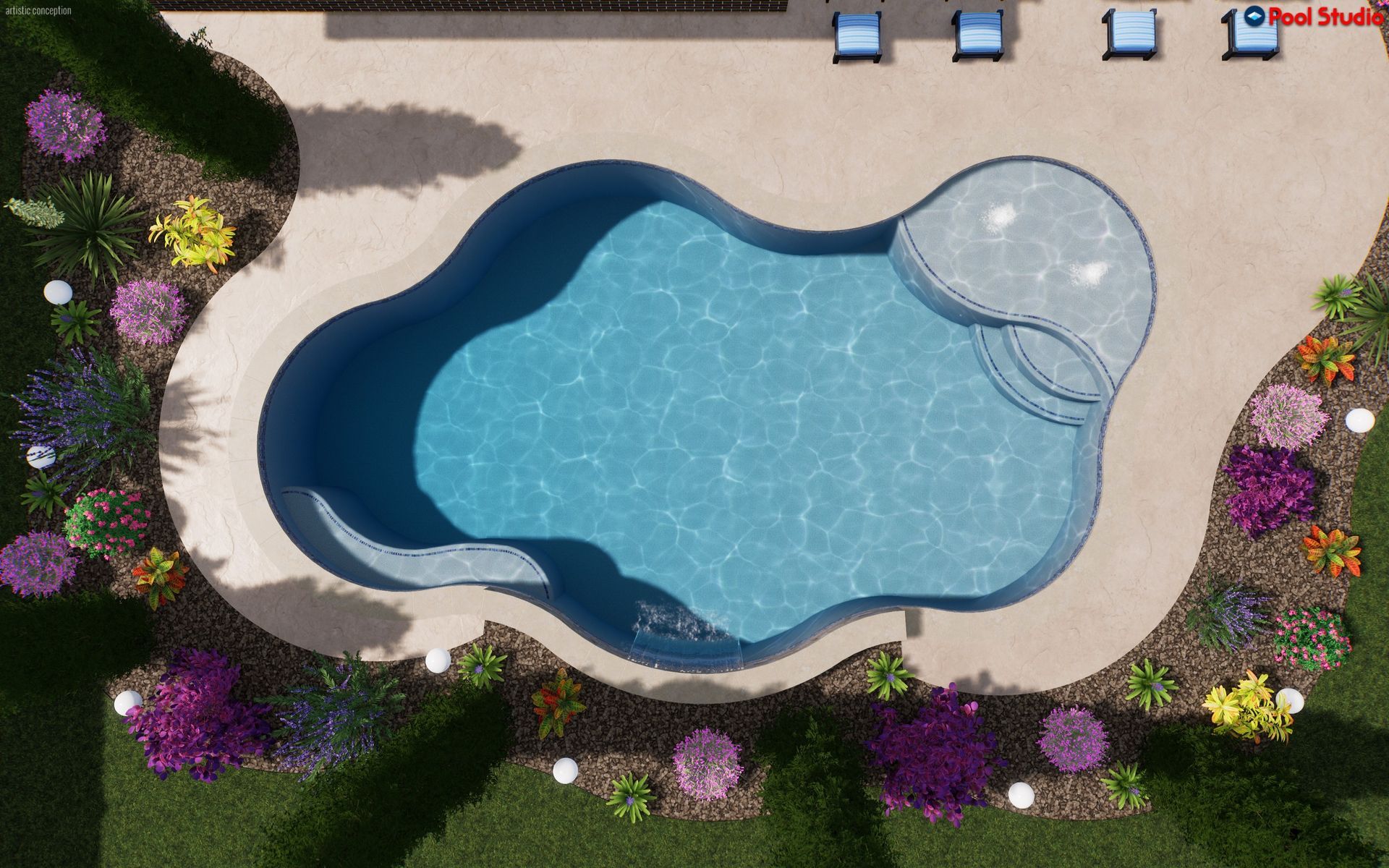 Top-down view of a backyard pool with blue water, tan deck, lounge chairs, and colorful flower beds.