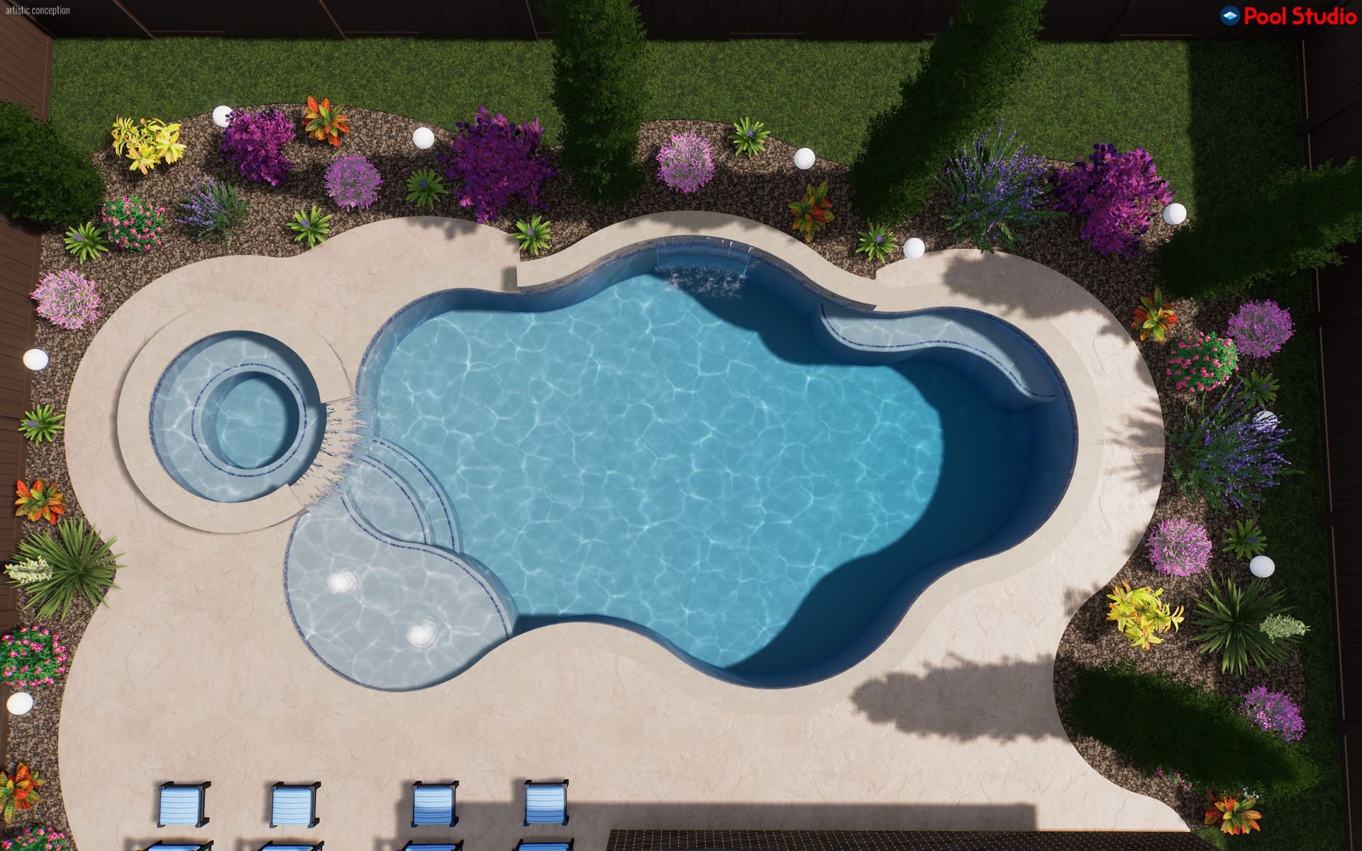 Top-down view of a backyard pool with a spa, lounge chairs, and surrounding flowers and greenery