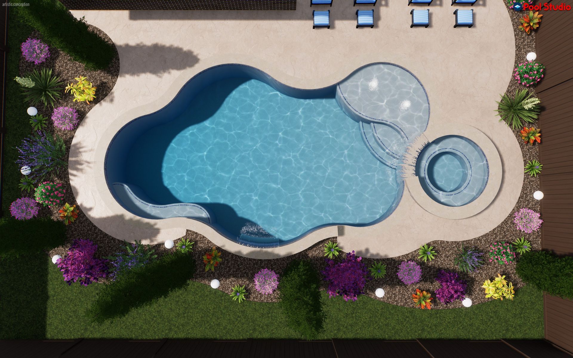 Top-down view of a backyard pool with tan patio, blue water, circular spa, and surrounding flowers.