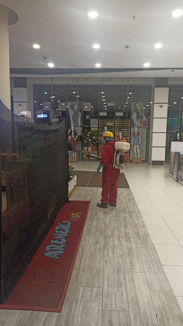 Persona con traje de protección desinfectando la entrada de un centro comercial.