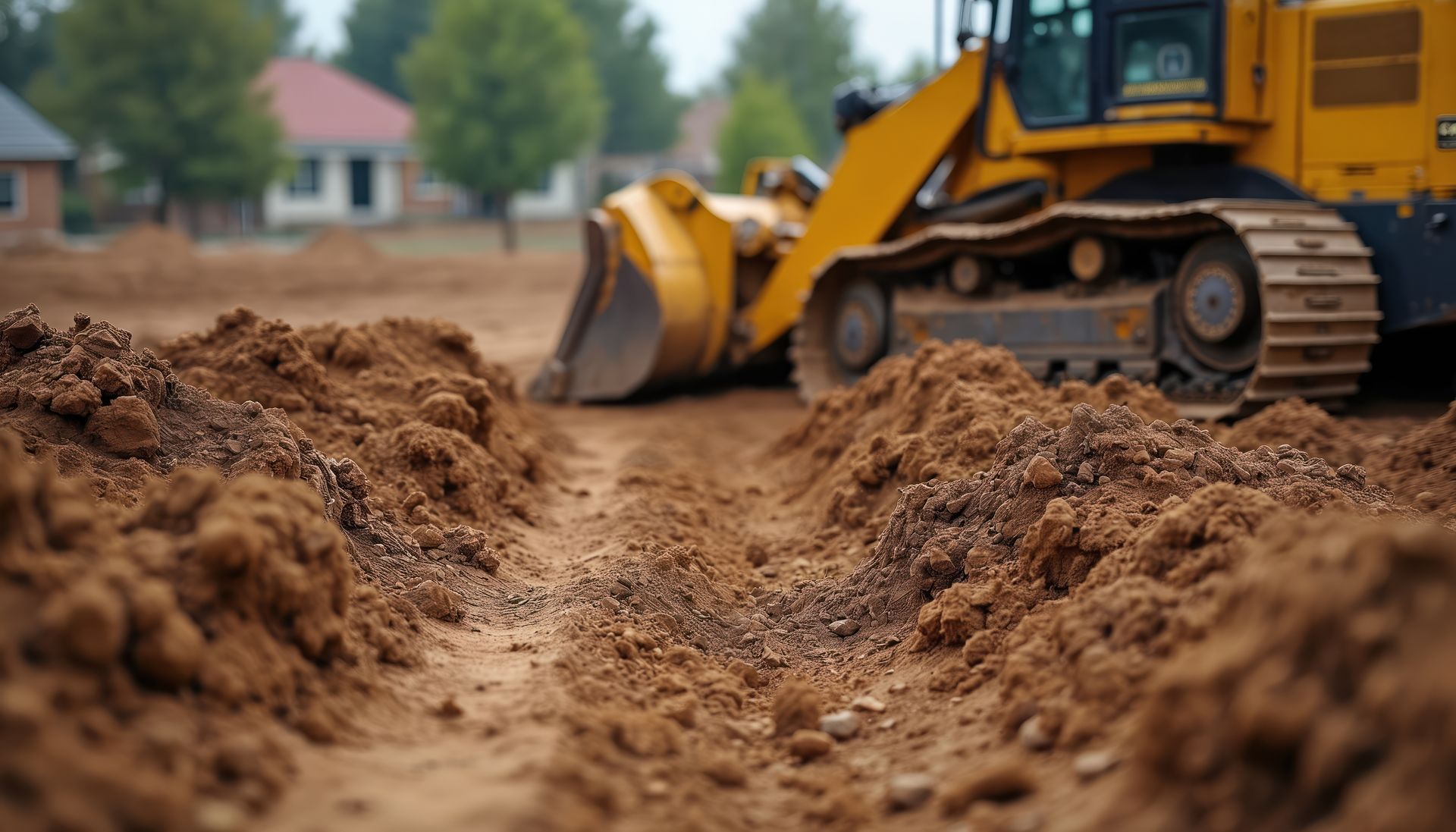 Bulldozer pushing dirt on a construction site; houses in background. Bulldozer pushing dirt on a construction site; houses in background.