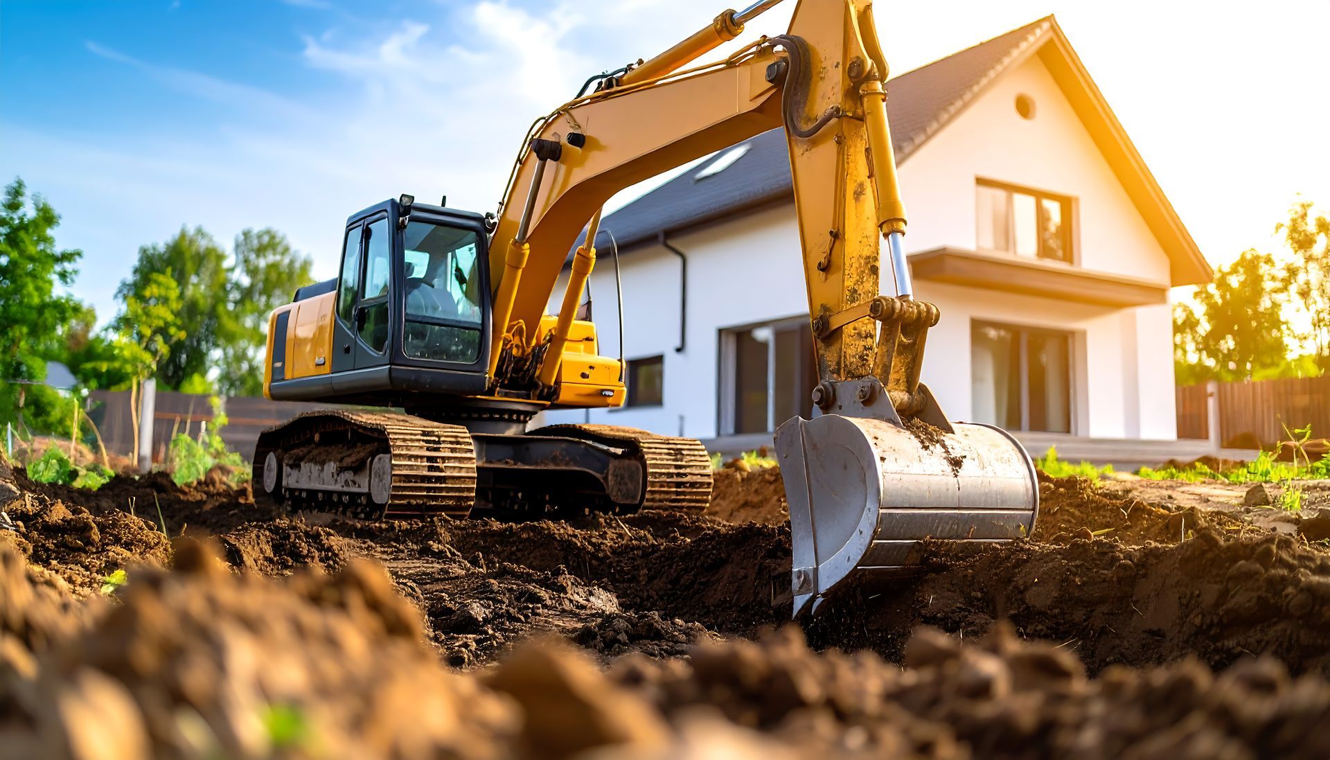 Yellow excavator digging earth in front of a white house on a sunny day. Yellow excavator digging earth in front of a white house on a sunny day.