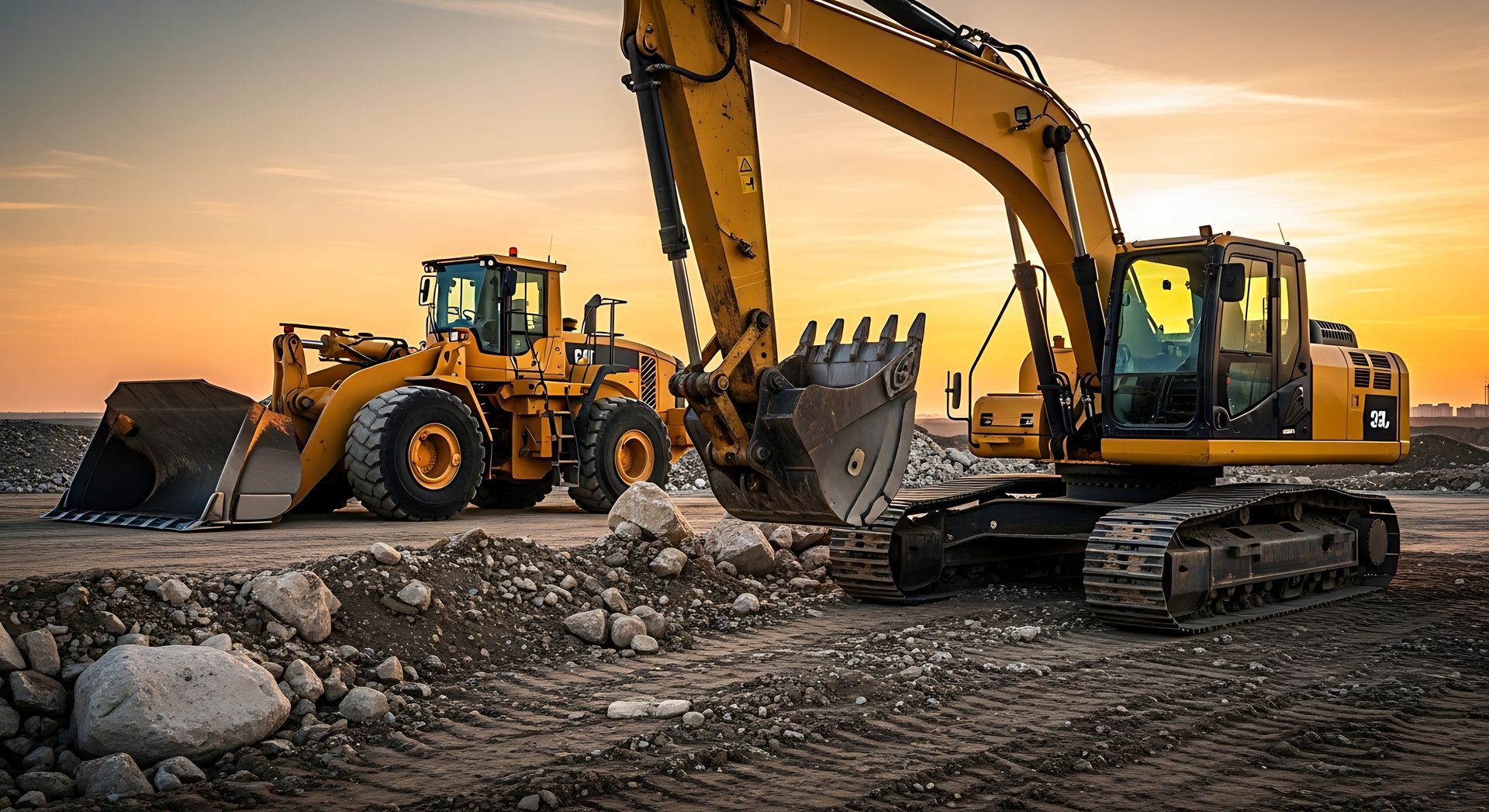 Yellow excavator and loader on a construction site, lit by a sunset. Yellow excavator and loader on a construction site, lit by a sunset.