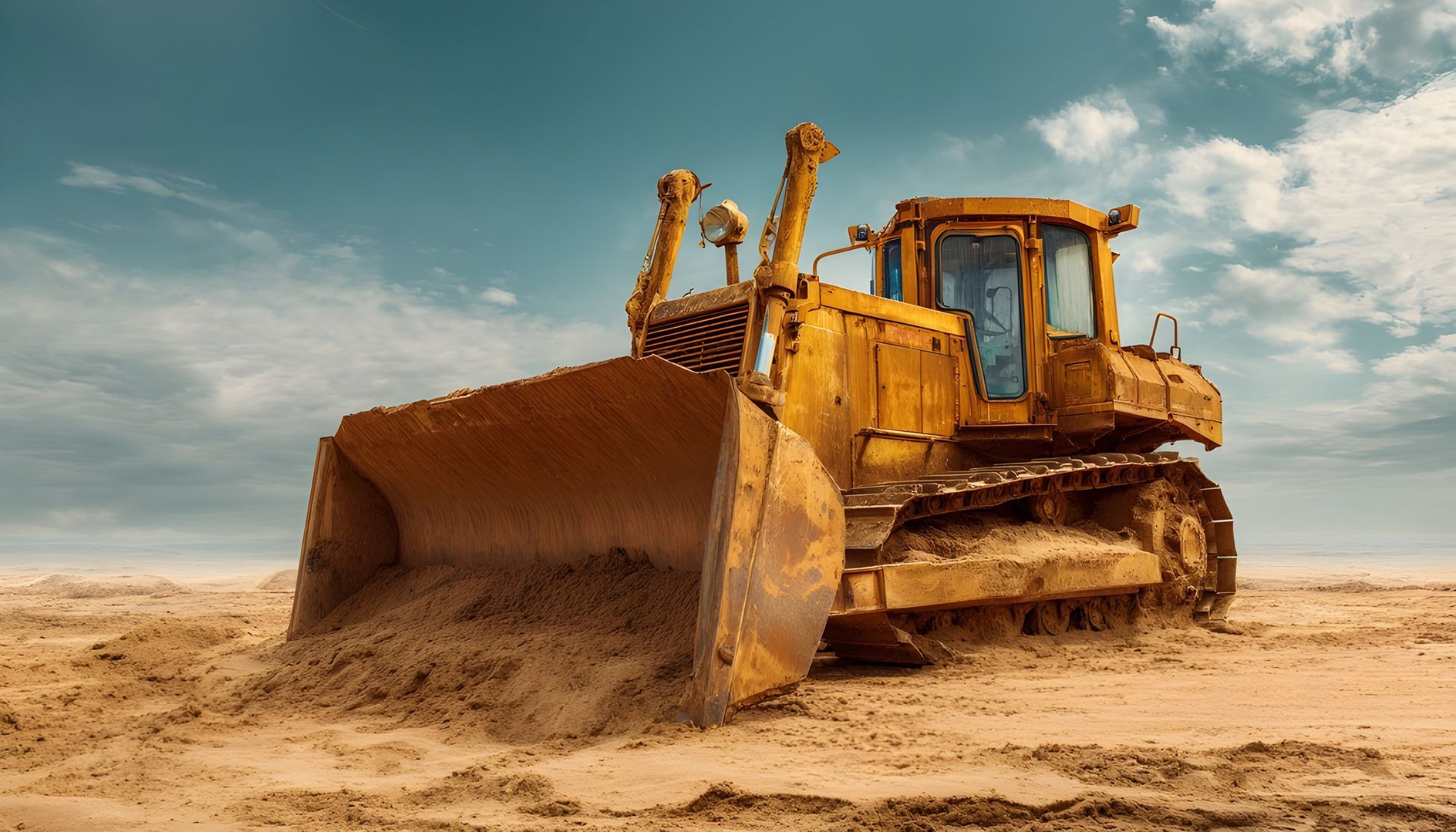 Yellow bulldozer pushing dirt on a dusty, cloud-filled landscape. Yellow bulldozer pushing dirt on a dusty, cloud-filled landscape.